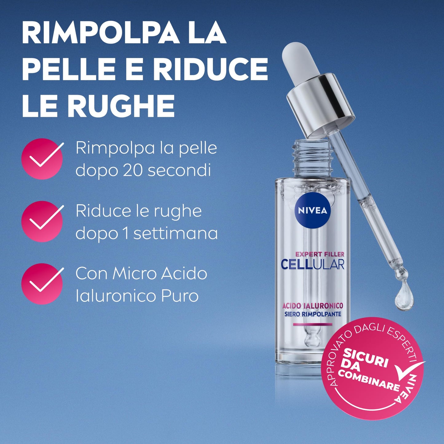 NIVEA Cellular Expert Filler Siero Viso Acido Ialuronico Rimpolpante 30 ml, Siero viso antirughe e rassodante, Face serum con Micro Acido Ialuronico Puro per una pelle levigata e rimpolpata