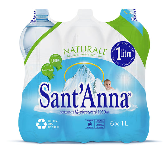 Acqua Sant'Anna Naturale 1,0 Litro | Acqua Minerale Naturale Oligominerale Minimamente mineralizzata | Plastica 100% Riciclabile | Confezione da 6 bottiglie