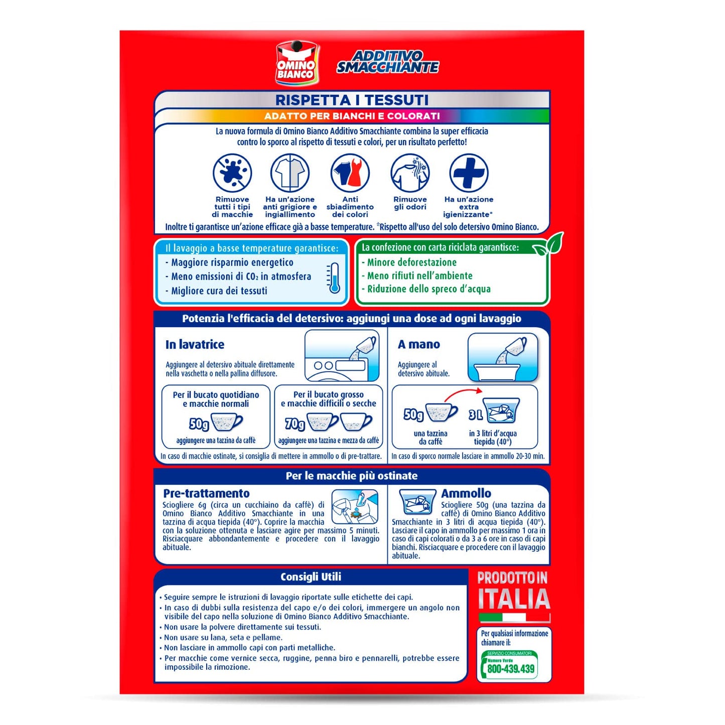 Omino Bianco - Additivo Lavatrice Totale 5 Azioni in 1 in Polvere per Bucato, Smacchiante e Igienizzante, 500 g x 8 Pezzi