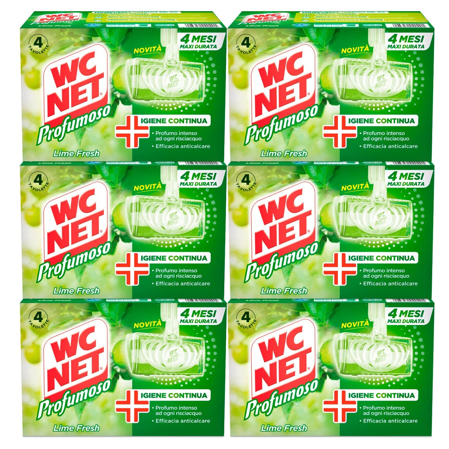 Wc Net - Tavoletta Profumoso 3 Effect, Detergente Igienizzante Solido per WC, Fragranza Lime Fresh, Lunga Duarata, 4 Pezzi x 6 ConfezionI