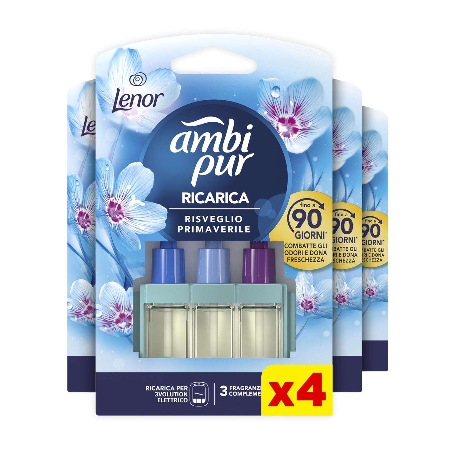 Ambi Pur 3Volution Profumatore per Ambienti, 4 Ricariche per Diffurore Elettrico, Fragranza Lenor Risveglio Primaverile, Teconologia Elimina Odori, Fino a 90 Giorni di Profumo per Ricarica