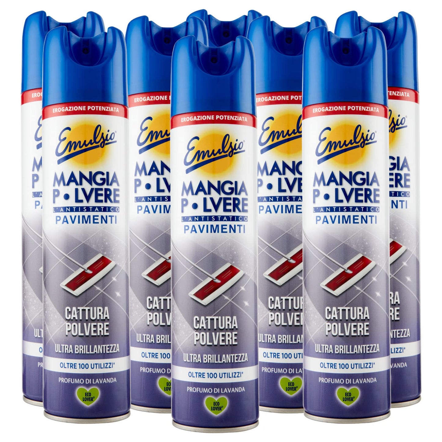 8x Emulsio Mangia Polvere L'antistatico Pavimenti Cattura Polvere e Ultra Brillantezza alla Lavanda - 8 Flaconi Spray da 300ml ognuno