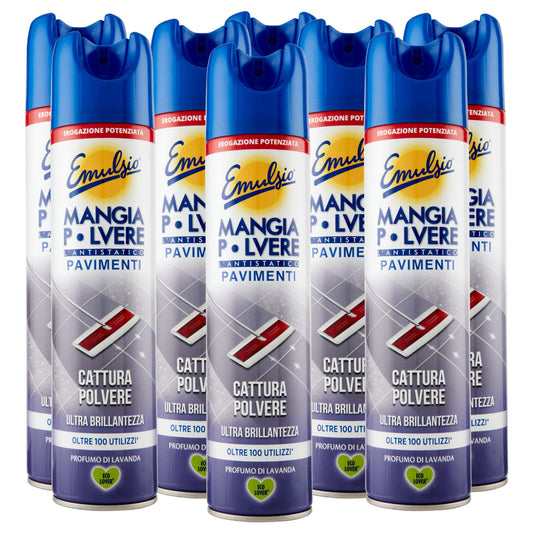 8x Emulsio Mangia Polvere L'antistatico Pavimenti Cattura Polvere e Ultra Brillantezza alla Lavanda - 8 Flaconi Spray da 300ml ognuno