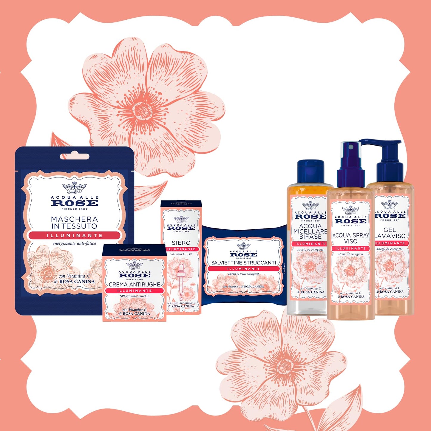 Acqua alle Rose, Gel Lavaviso Illuminante con Vitamina C di Rosa Canina, Detergente Viso per Pelli Spente e Opache, Azione Energizzante, Deterge e Ravviva la Pelle Uso Quotidiano, 200 ml