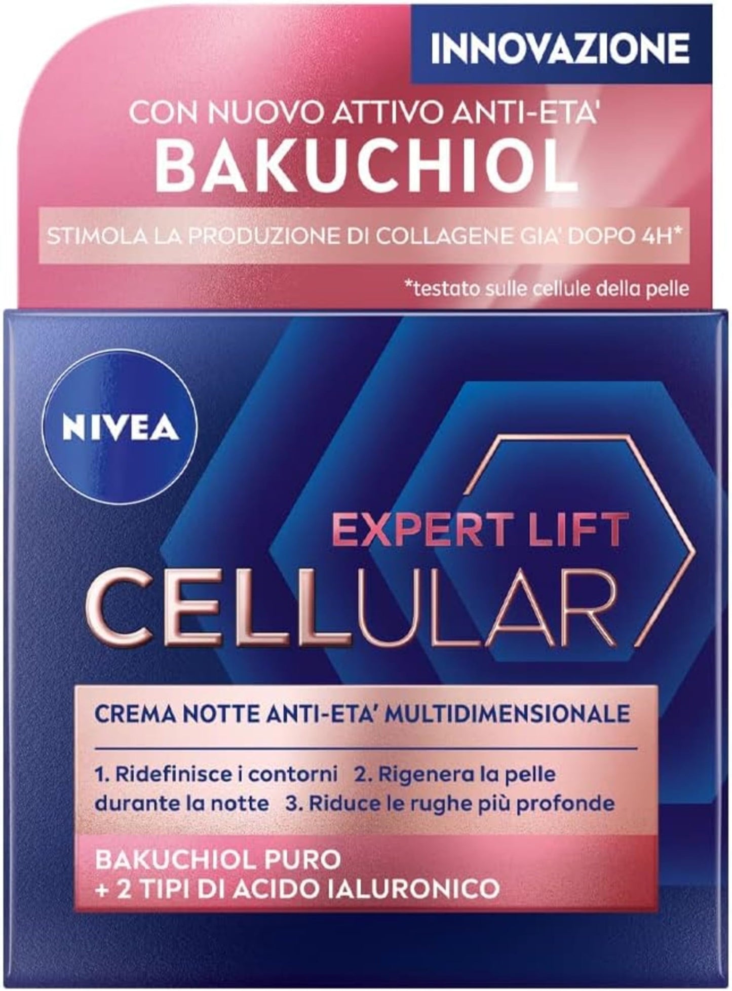 NIVEA CELLULAR EXPERT LIFT Crema Notte Anti-età Multidimensionale 50 ml, Crema viso notte con Bakuchiol Puro e 2 tipi di Acido Ialuronico, Crema antirughe da notte