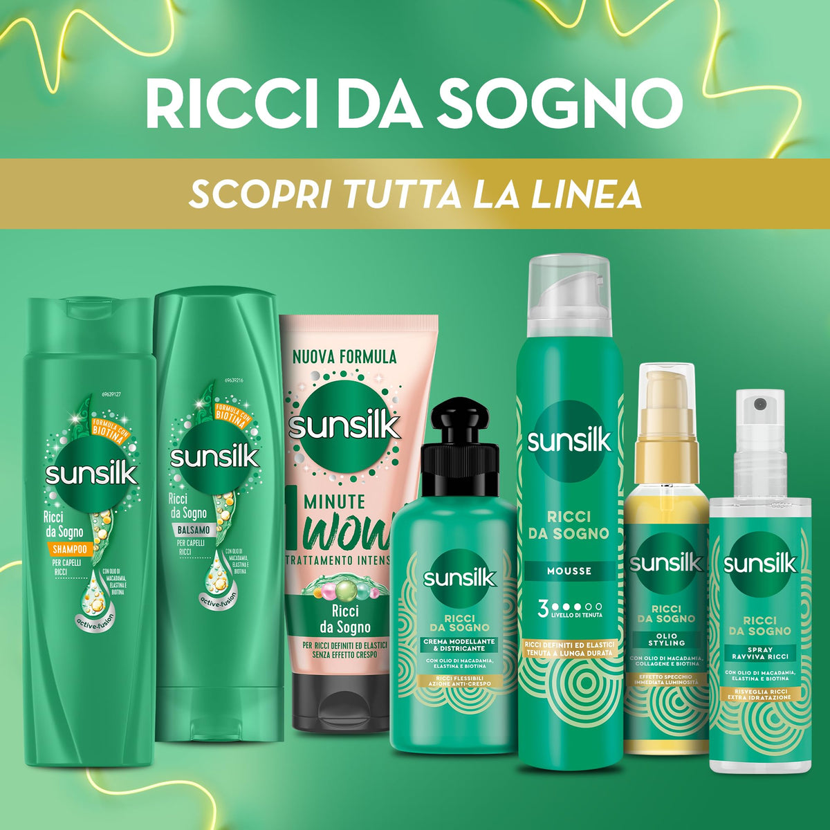 Sunsilk Mousse Ricci, Linea Ricci da Sogno, Spuma Capelli Ricci a Lunga Tenuta, Morbidi e Definiti Senza Effetto Crespo, con Olio di Macadamia, Elastina e Biotina, 200ml