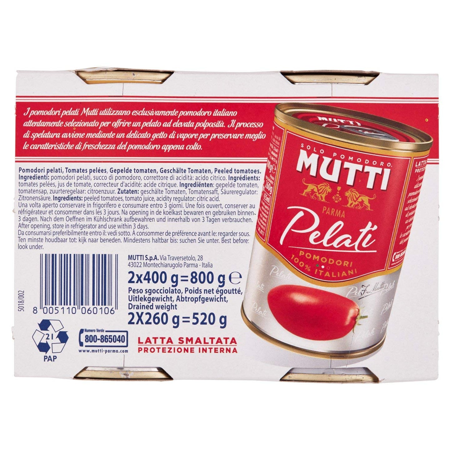 Mutti Pomodori Pelati Gr400 X 2 Lattine, 800g
