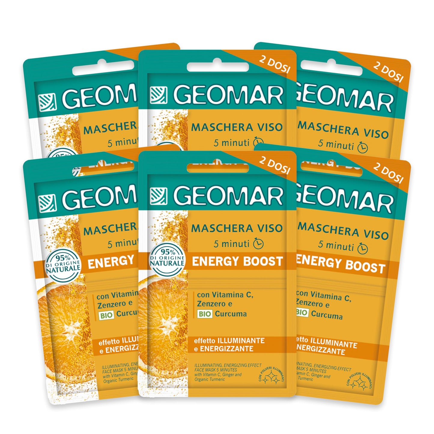 GEOMAR | Maschera Viso Energy Boost, Effetto Illuminante e Energizzante, 5 minuti, 95% di Origine Naturale, Dermatologicamente Testata, Made in Italy, 6 x 15 ml