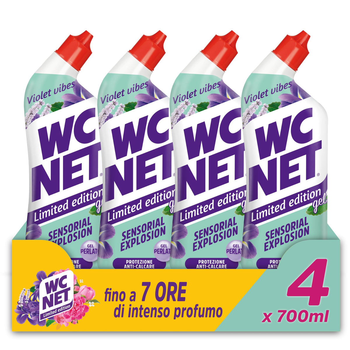 Wc Net - Limited Edition Violet Vibes, Detergente Liquido per Sanitari, Essenza Iris Viola e Patchouli, Prevenzione Calcare e Igienizzante per WC, 700 ml x 4 Confezioni