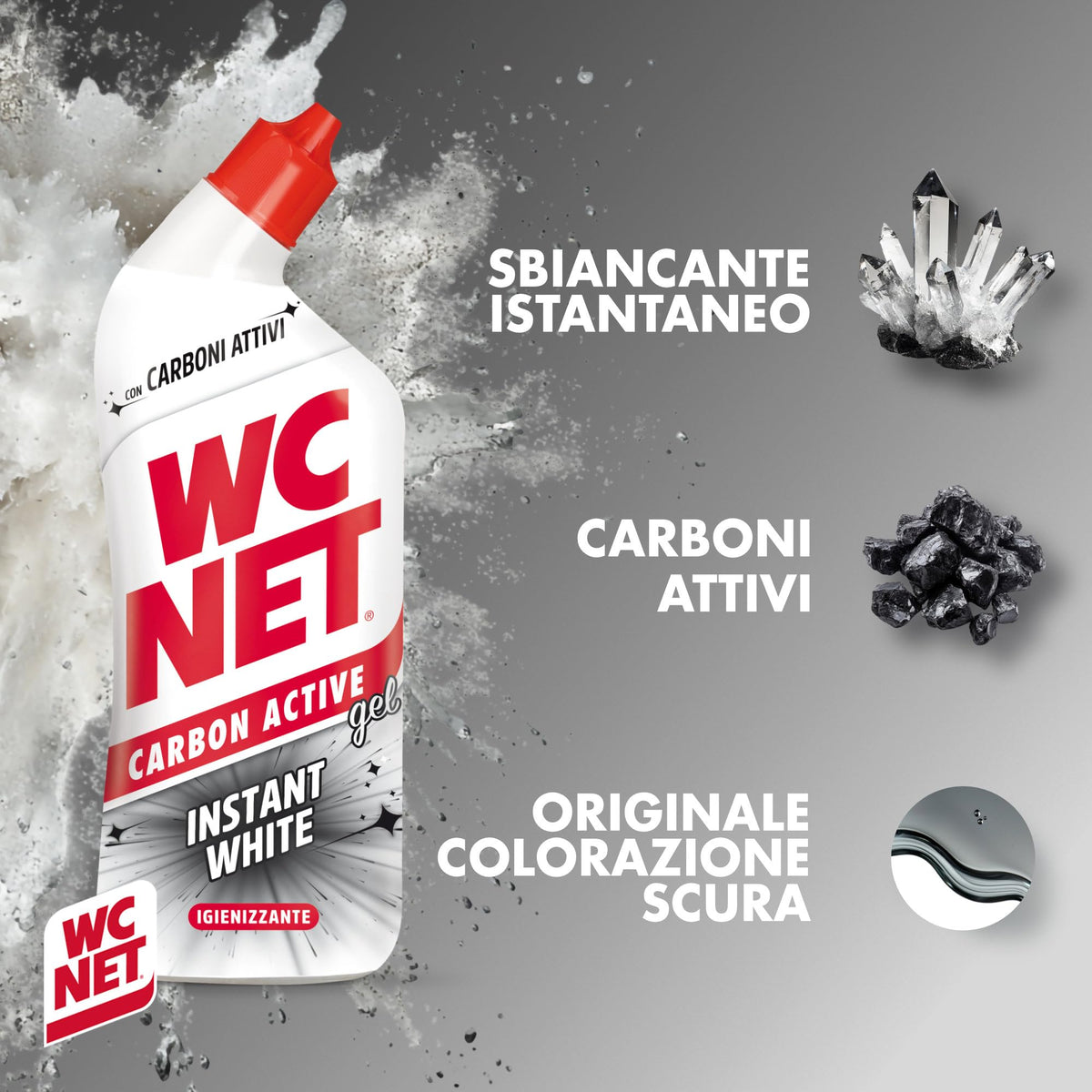Wc Net – Carbon Active Instant White, Detergente Liquido per WC con Carboni Attivi, Prevenzione del Calcare e Igienizzante per WC, 700ml x 4 Confezioni