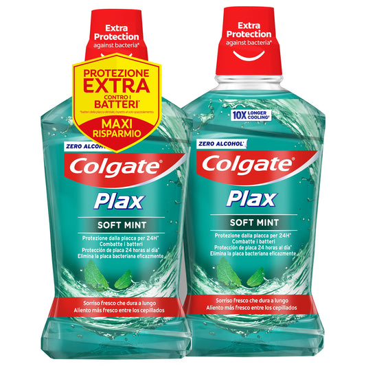 Colgate Collutorio Plax Soft Mint Green 2 Confezioni da 500 ml I Con Ingrediente Antibatterico I Protezione dalla Placca per 24H I Gusto Menta I Rilascia una nuova piacevole sensazione di freschezza