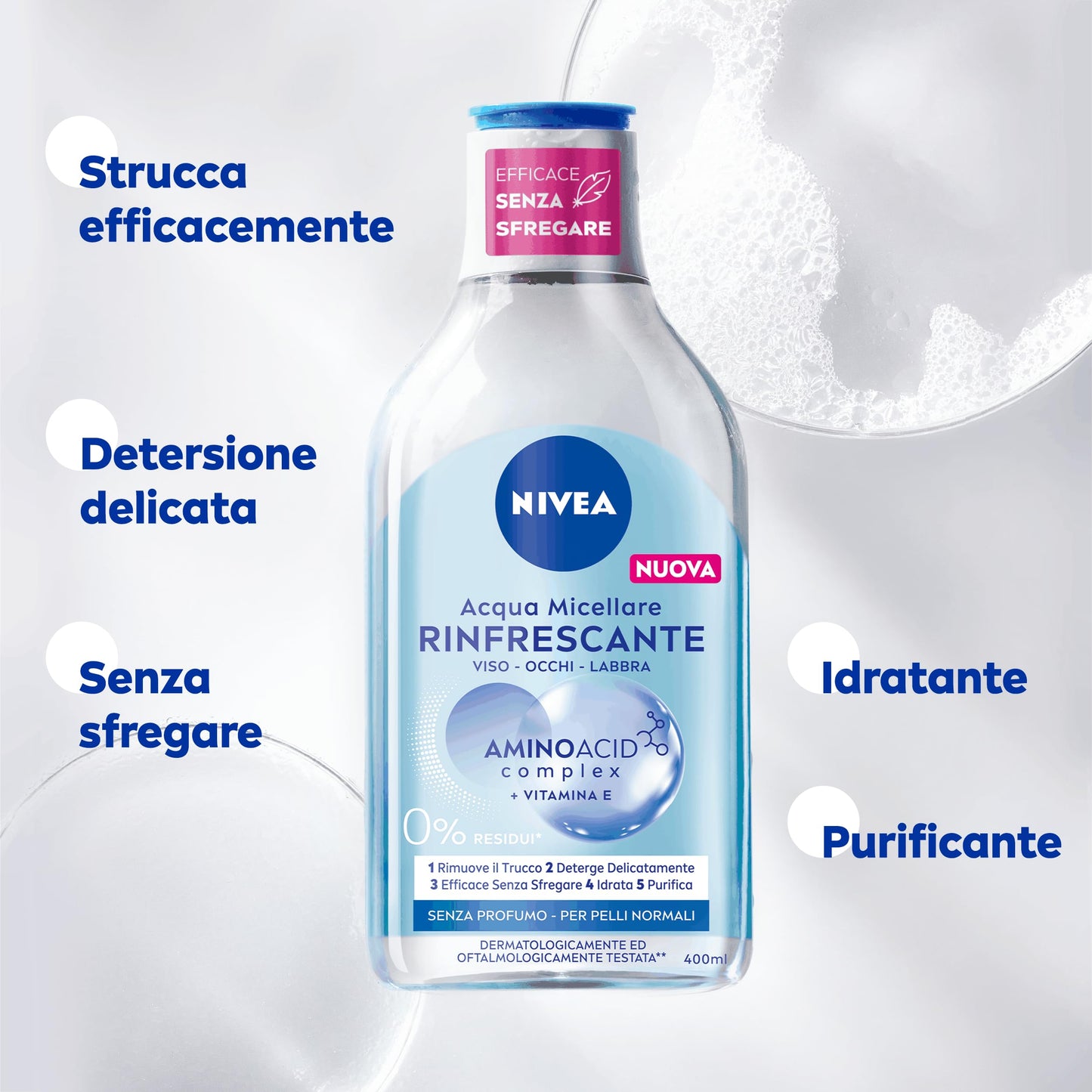NIVEA MicellAIR 5in1 Acqua Micellare Rinfrescante 400 ml, Struccante viso e occhi con complesso micellare senza risciacquo, Detergente viso, occhi e labbra per pelli normali