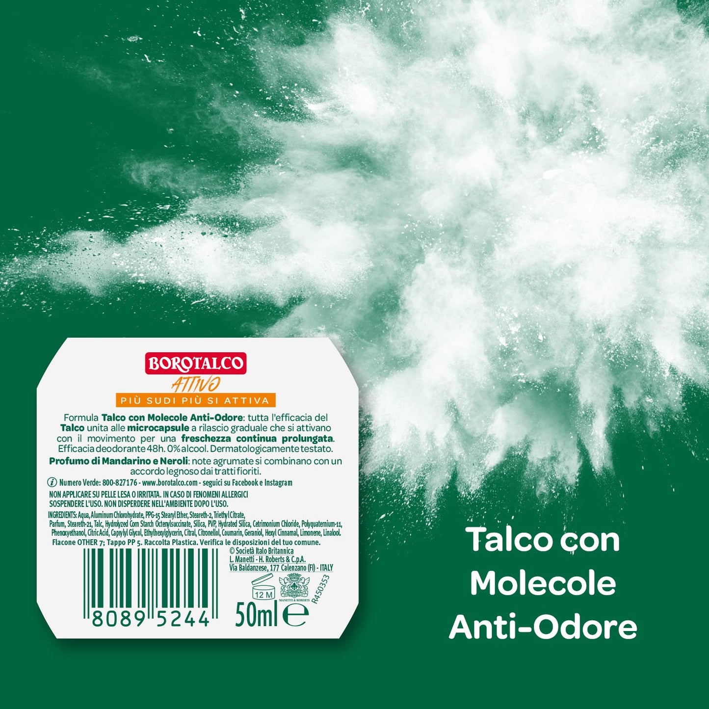 Borotalco, Deodorante Roll On Attivo Arancione, Formula Senza Alcool e con Talco con Molecole Anti-Odore, Efficacia Fresca, 48h di Efficacia, Profumo di Mandarino e Neroli - 1 Flacone da 50 ml