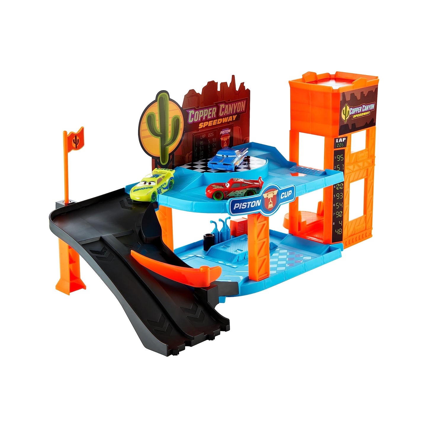 CARS - Garage Fluo di Cooper Canyon, playset Glow Racers a 2 piani con 3 auto luminose incluse, officina e ascensore funzionante, si illimuna al buio, giocattolo per bambini, 4+ anni, HPX75