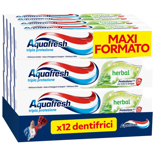 Aquafresh Dentifricio Tripla Protezione Herbal per tutta la Famiglia, Gengive Sane, Alito Fresco, Smalto forte, Gusto alle erbe, Pacco da 12 x 75ml