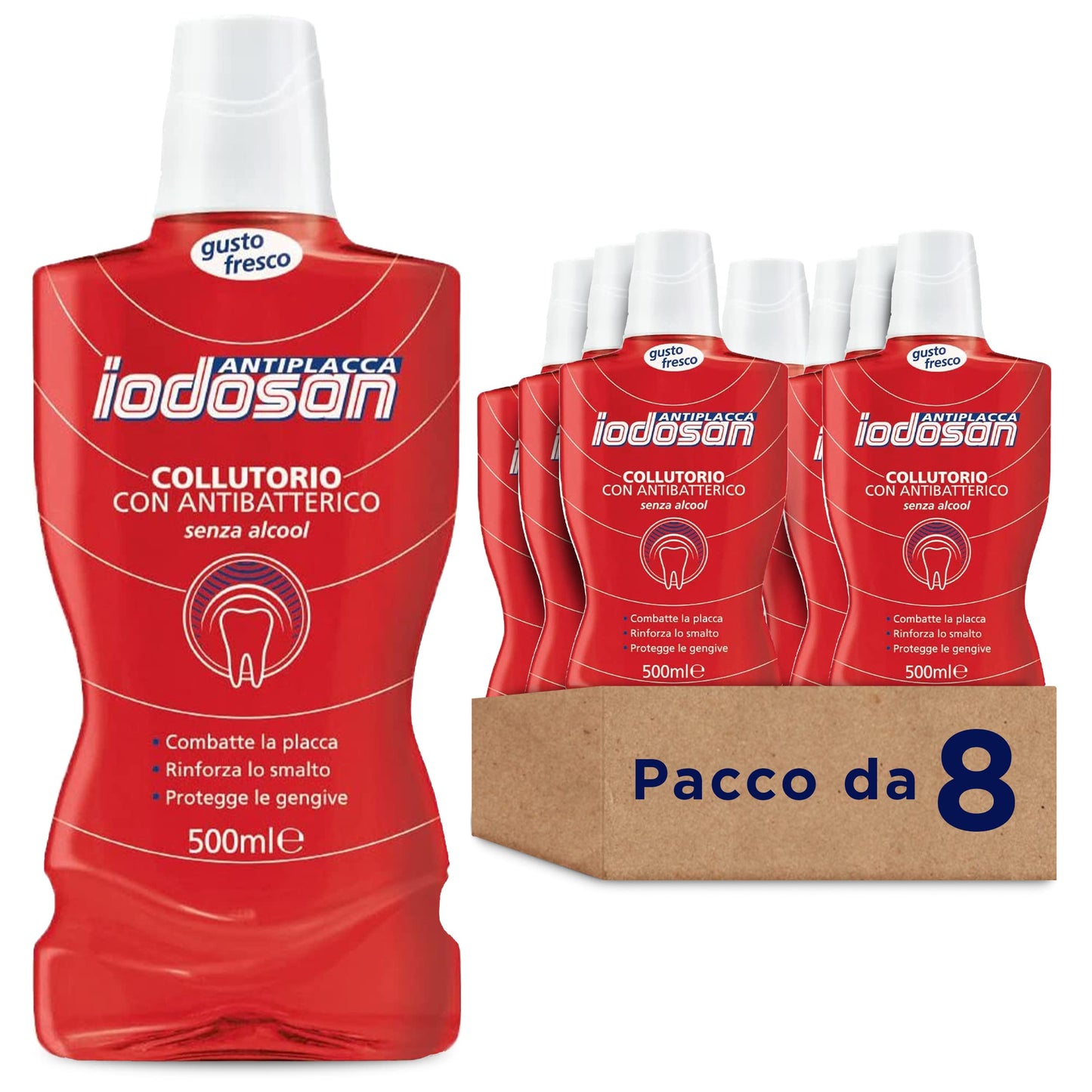 Iodosan Antiplacca, Collutorio con Antibatterico, combatte la Placca e protegge le Gengive, senza Alcool, Pacco da 8 x 500ml