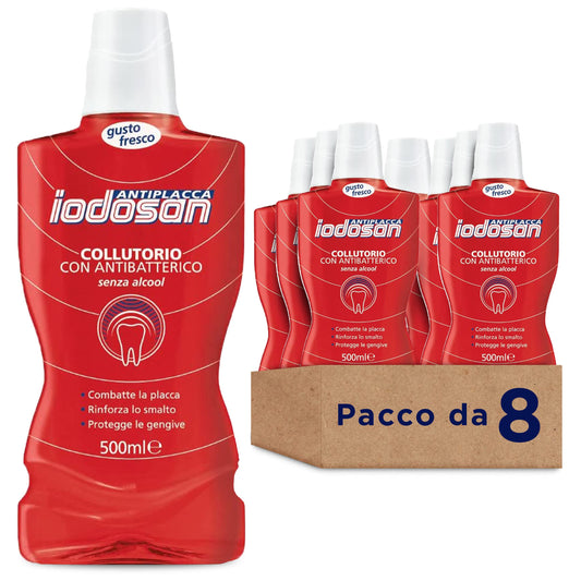Iodosan Antiplacca, Collutorio con Antibatterico, combatte la Placca e protegge le Gengive, senza Alcool, Pacco da 8 x 500ml