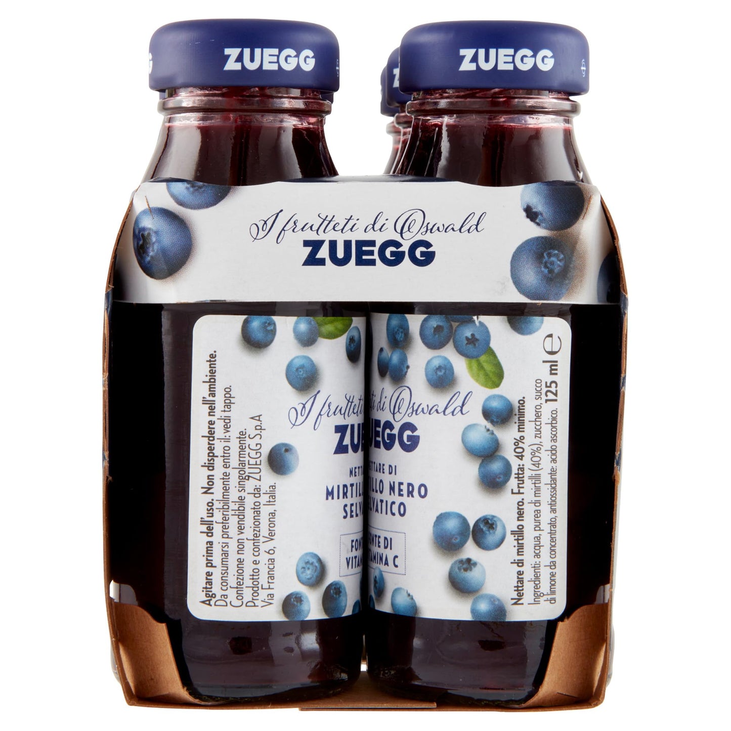 Zuegg Succo di Frutta Nettare di Mirtillo Nero Selvatico in Bottiglia di Vetro (125Ml), Linea Benessere - Fonte di Vitamina C, Frutta 40% Minimo (4 confezioni da 6x125Ml, 24 pezzi)