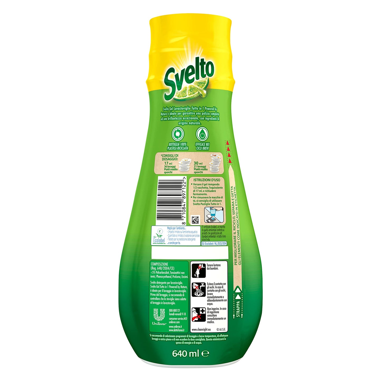 Svelto Gel Lavastoviglie Tutto in 1 Powered By Nature, 6 Pezzi da 36 Lavaggi, Detersivo Lavastoviglie con Ingredienti di Origine Naturale, Efficace nei Cicli Brevi, 100% Plastica Riciclata, Limone
