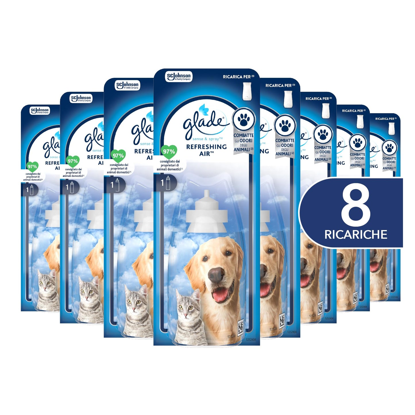 Glade Sense & Spray Profumatore per Ambienti con Olii Essenziali e Sensore di Movimento, Fragranza Refreshing Air, Elimina gli odori degli animali domestici, 8 Ricariche