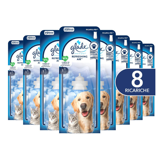 Glade Sense & Spray Profumatore per Ambienti con Olii Essenziali e Sensore di Movimento, Fragranza Refreshing Air, Elimina gli odori degli animali domestici, 8 Ricariche