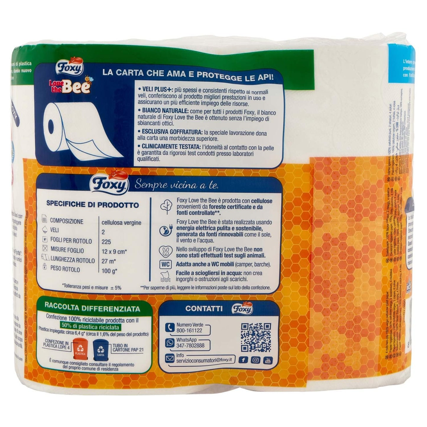 FOXY CARTA IGIENICA LOVE THE BEE 2 VELI 4 ROTOLI (8 CONFEZIONI X 4 ROTOLI = TOTALE 32 ROTOLI)