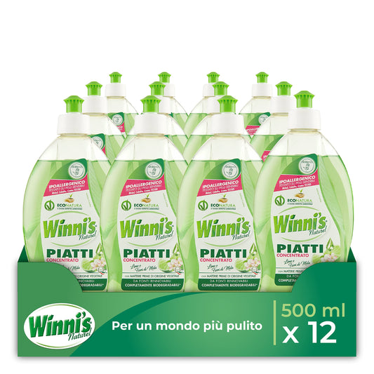 Winni's - Detersivo Piatti e Stoviglie a Mano, Ipoallergenico e Delicato sulla Pelle, Formula Concentrata, Fragranza Lime e Fiori di Mela, con Materie Prime di Origine Vegetale, 500 ml x 12 Confezioni