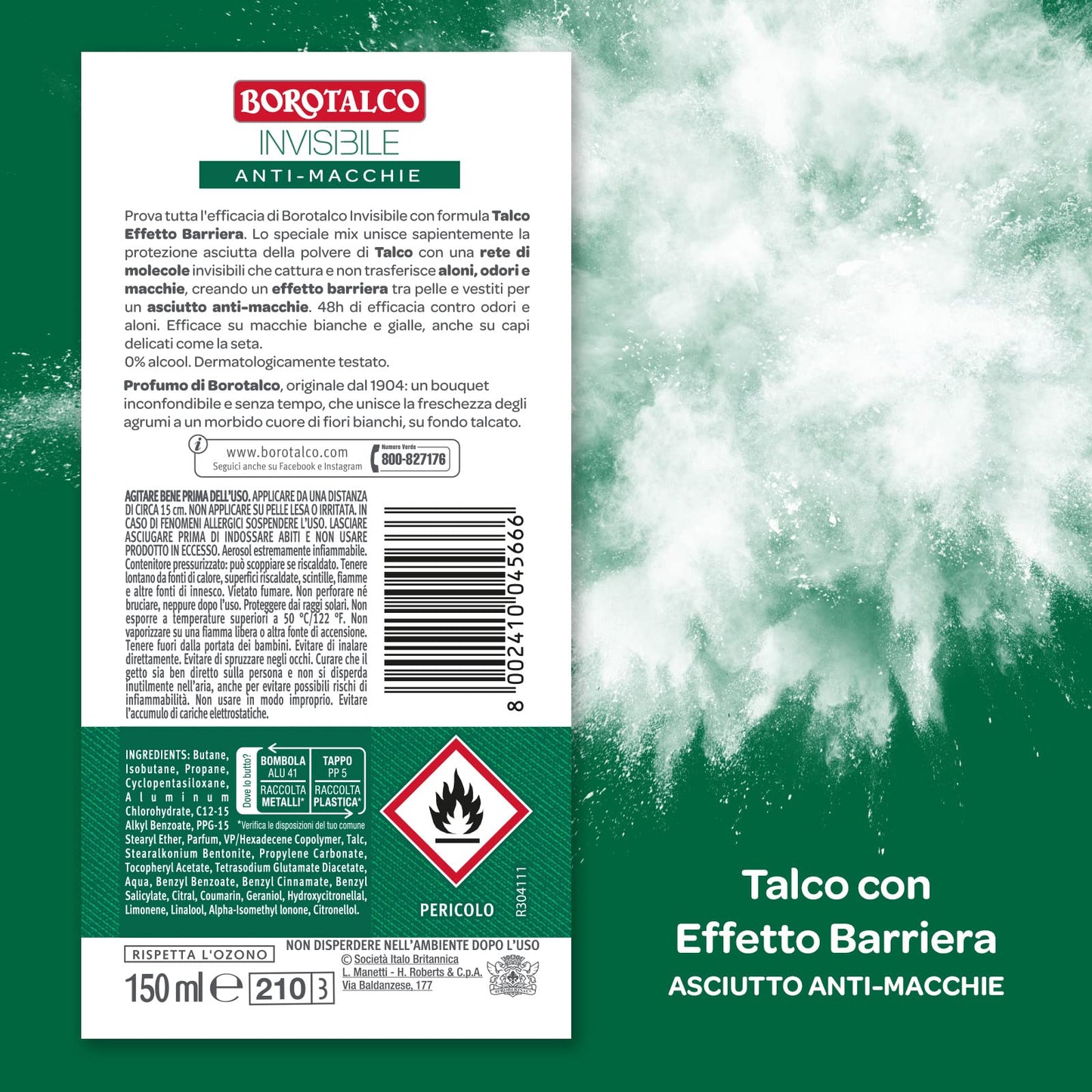 Borotalco, Deodorante Spray Invisibile Verde, Formula Senza Alcool con Talco Effetto Barriera, Cattura e Non Trasferisce Aloni, 48h di Efficacia, Profumo di Borotalco - 1 Flacone da 150 ml