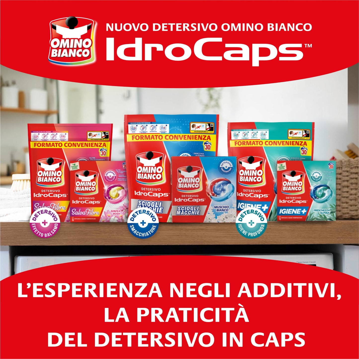 Omino Bianco Idrocaps - Detersivo Lavatrice in Capsule Igiene, 20 Lavaggi, Efficace a Basse Temperature, Profumo Freschezza Alpina, 20 Caps