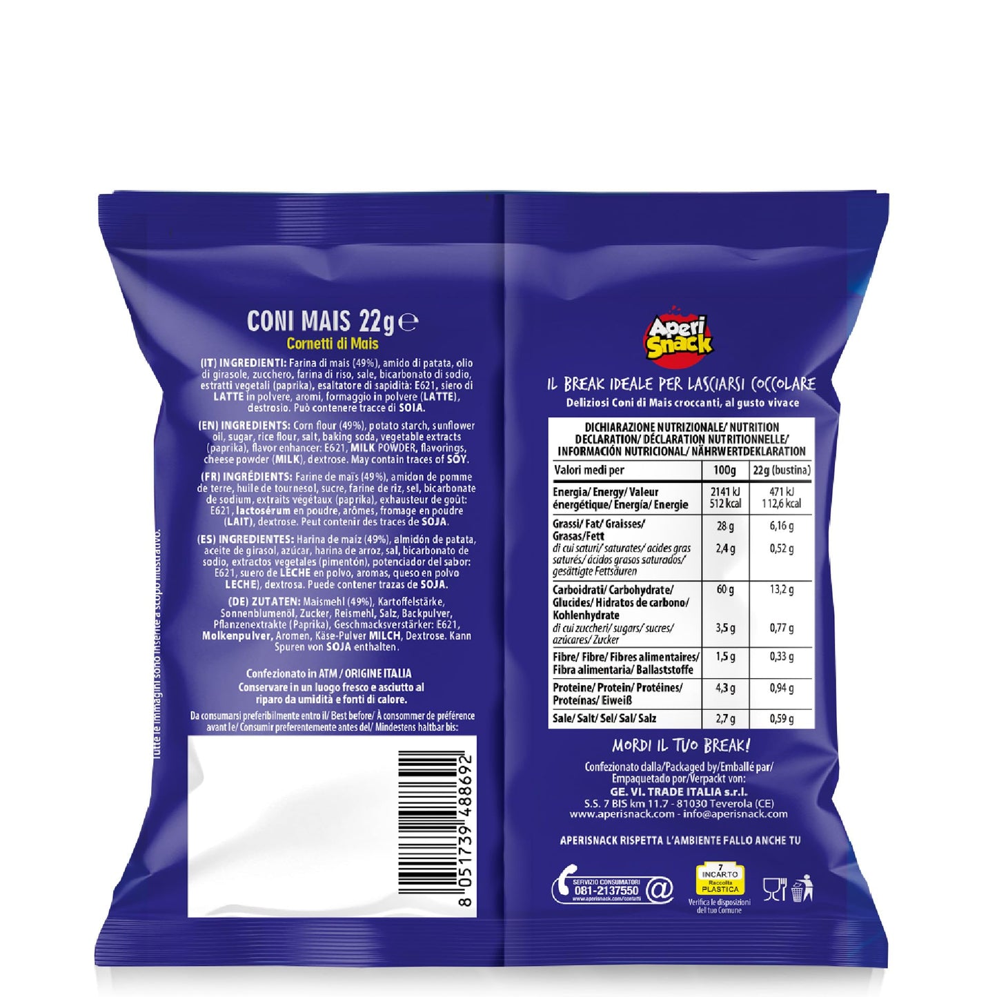 Aperisnack® - AP03.003.07 Coni Mais (36 pz) in Bustine Monoporzione 22g. Patatine Monoporzione per vending e aperitivo