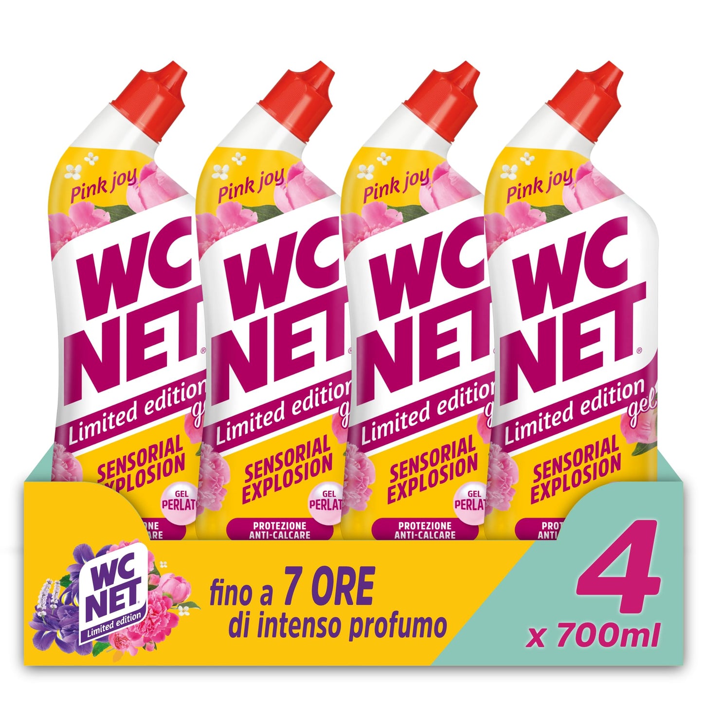 Wc Net - Limited Edition Pink Joy, Detergente Liquido per Sanitari, Essenza Peonia e Muschio Bianco, Prevenzione Calcare e Igienizzante per WC, 700 ml x 4 Confezioni