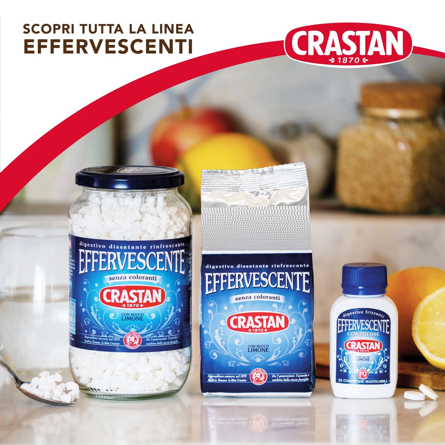 Crastan Preparato granulare per bevanda effervescente, con succo Limone - 12 vasetti da 250g [tot. 3kg]