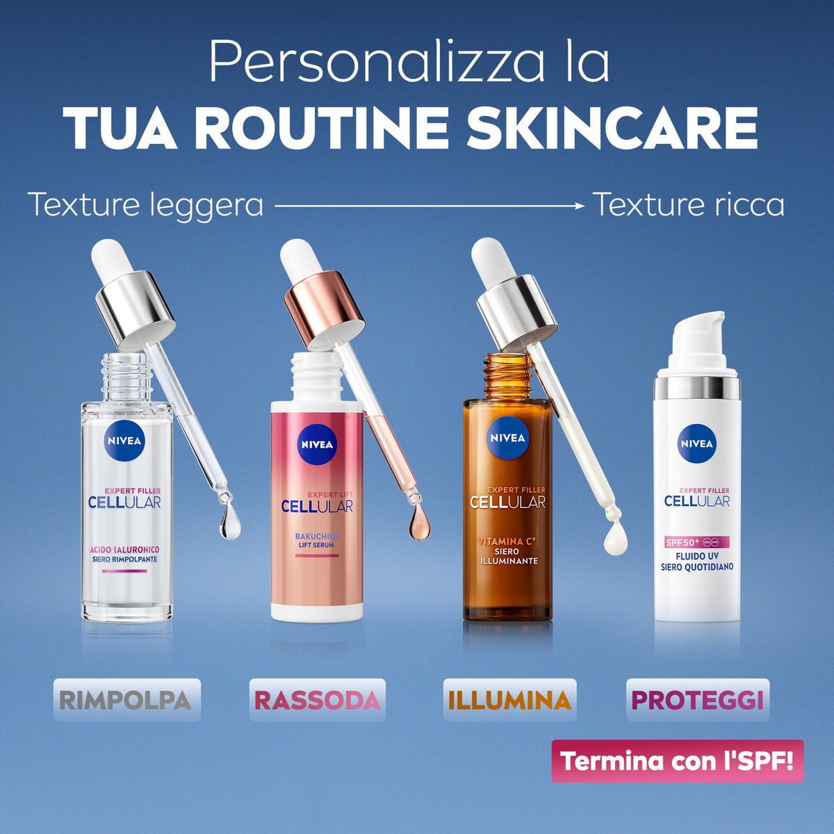 NIVEA Cellular Expert Filler Fluido UV Siero Viso Quotidiano SPF 50 + 30 ml, Siero viso Acido Ialuronico idratante e antirughe, Face serum con SPF50+ contro i segni dell'invecchiamento cutaneo