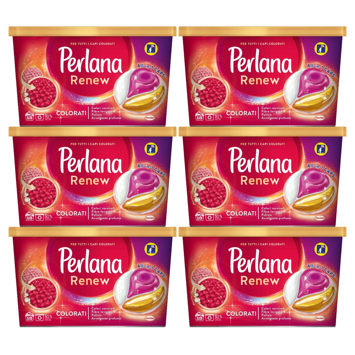 Perlana Renew Colorati Detersivo in Capsule per Lavatrice Formula All in 1 Caps Ravviva i Colori Neutralizza i Cattivi Odori - 6 Confezioni da 18 Capsule