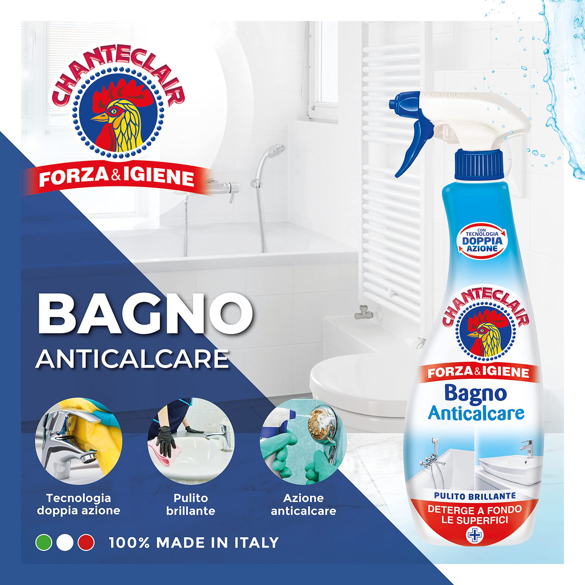 Chanteclair - Bagno Anticalcare, Doppia Azione: Rimuove il Calcare e lo Sporco, Pulito Brillante, Forza&Igiene - 625 ml