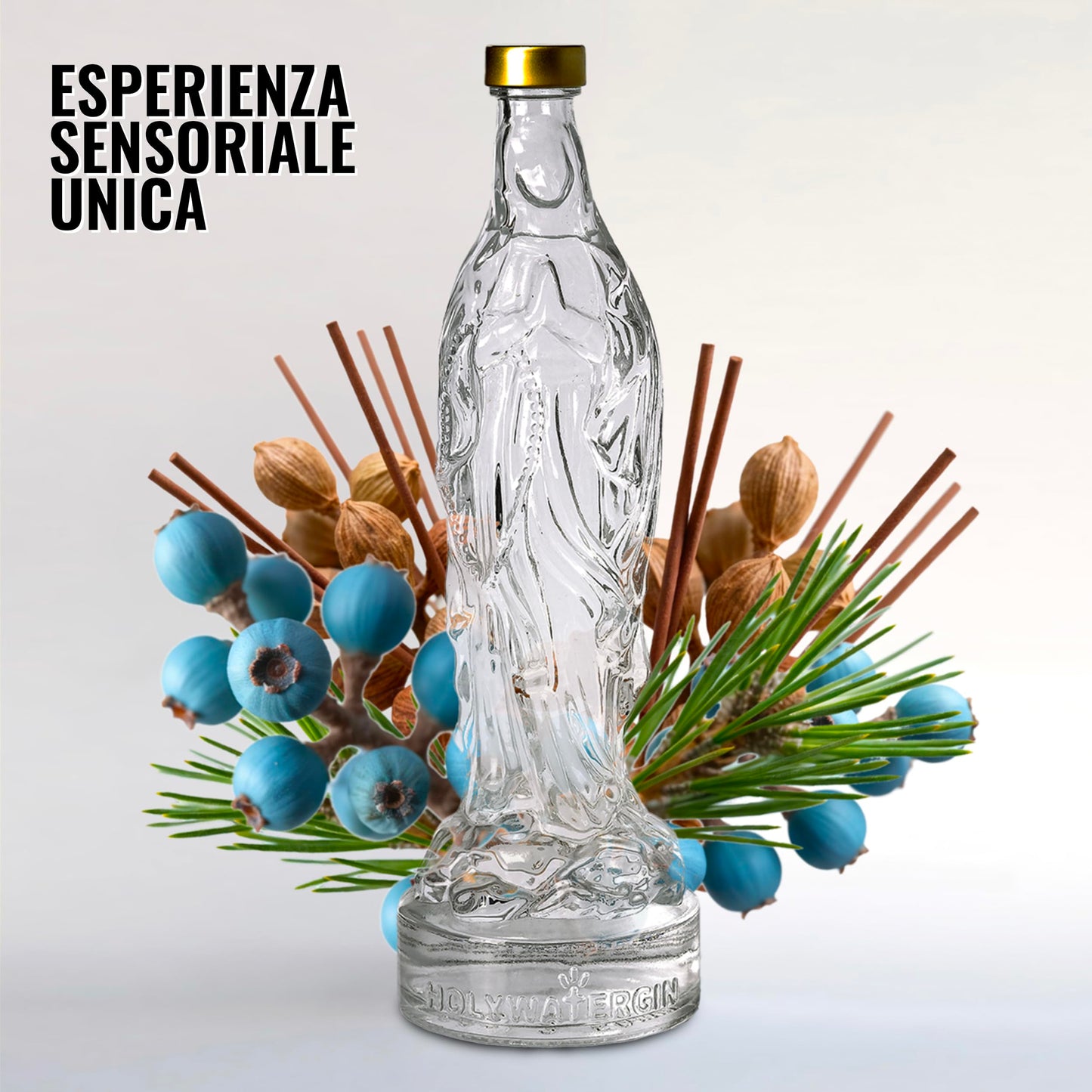Holywatergin, Gin Italiano con Iconica Bottiglia a Forma di Madonna, Profilo Sensoriale Unico, con l'Aggiunta di Iris, Pino, Acqua Distillata di Mare e Incenso, 50 cl, 42,5% Vol
