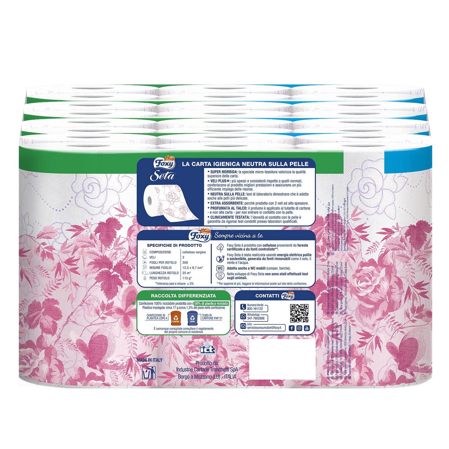 Foxy Seta | Carta igienica 200 strappi x 48 rotoli, 2 veli elevato spessore | Confezione riciclabile prodotta con plastica riciclata