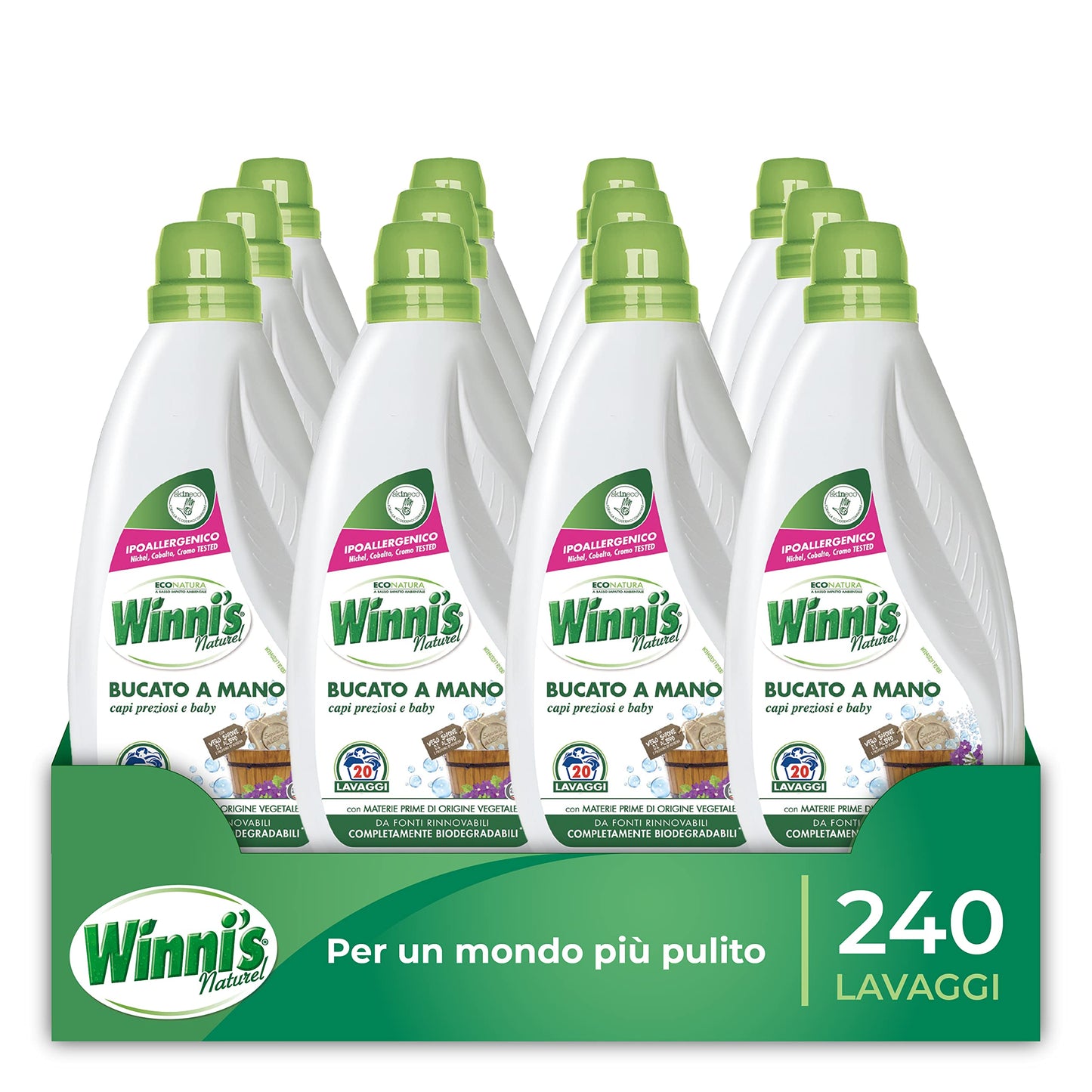 Winni's - Detersivo per Bucato a Mano Ipoallergenico, 240 Lavaggi, Fragranza Sapone di Aleppo, con Smacchianti Naturali da Biofermentazione e Materie Prime di Origine Vegetale, 750 ml x 12