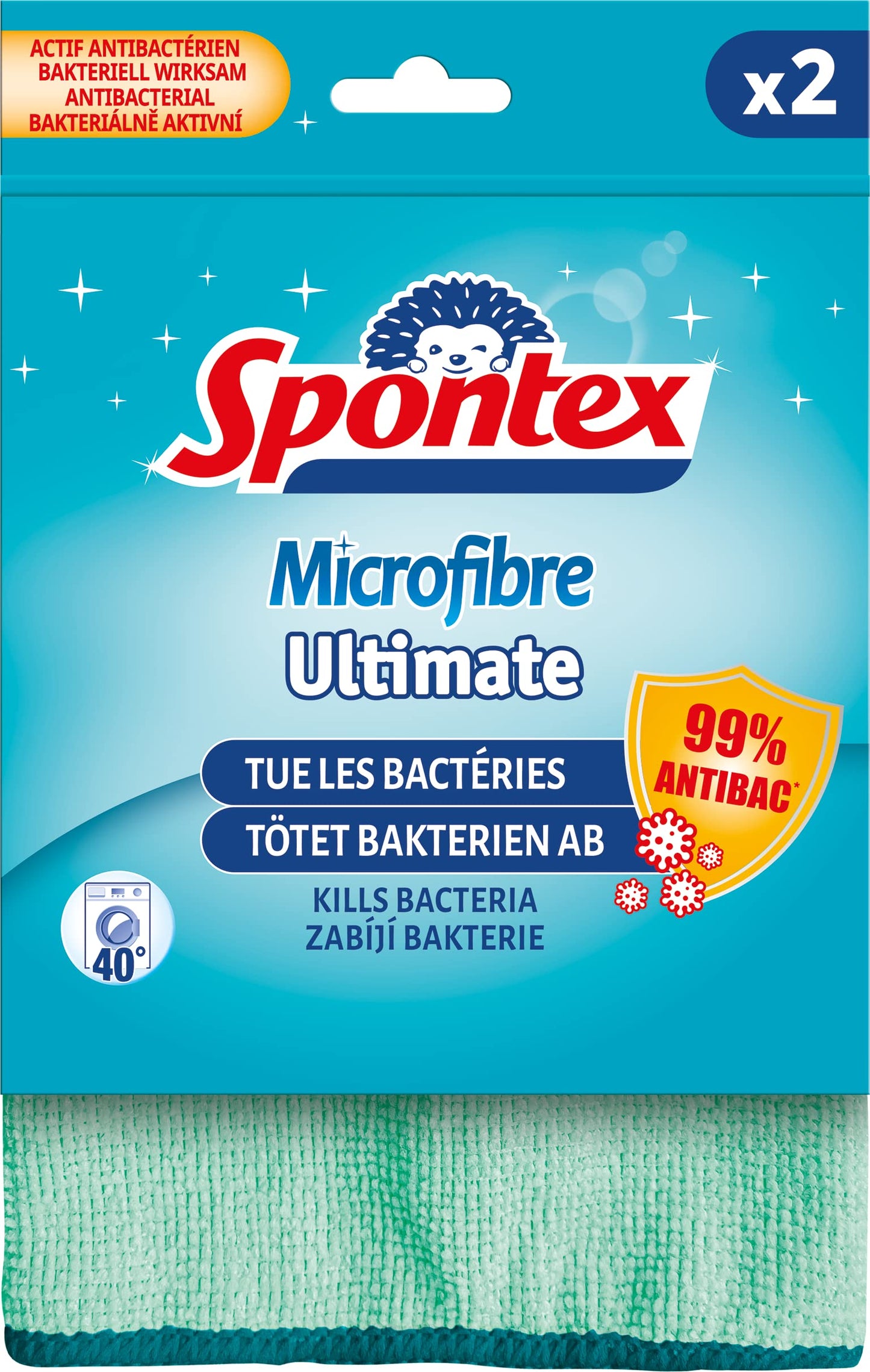 SPONTEX - Microfibra Ultimate - 2 Lavettes - Elimina il 99% dei batteri raccolti