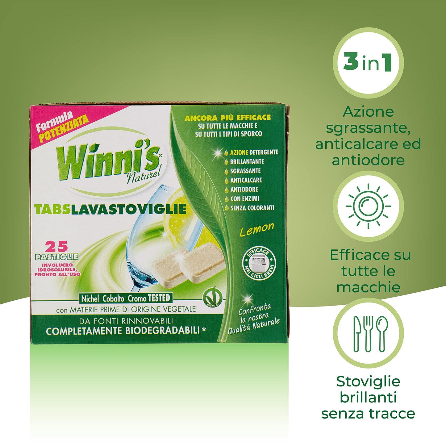 Winni's - Pastiglie per Lavastoviglie, 25 Tabs, Detersivo Multiazione Detergente, Sgrassante, Antiodore e Brillantante, Fragranza di Limone, con Materie Prime di Origine Vegetale