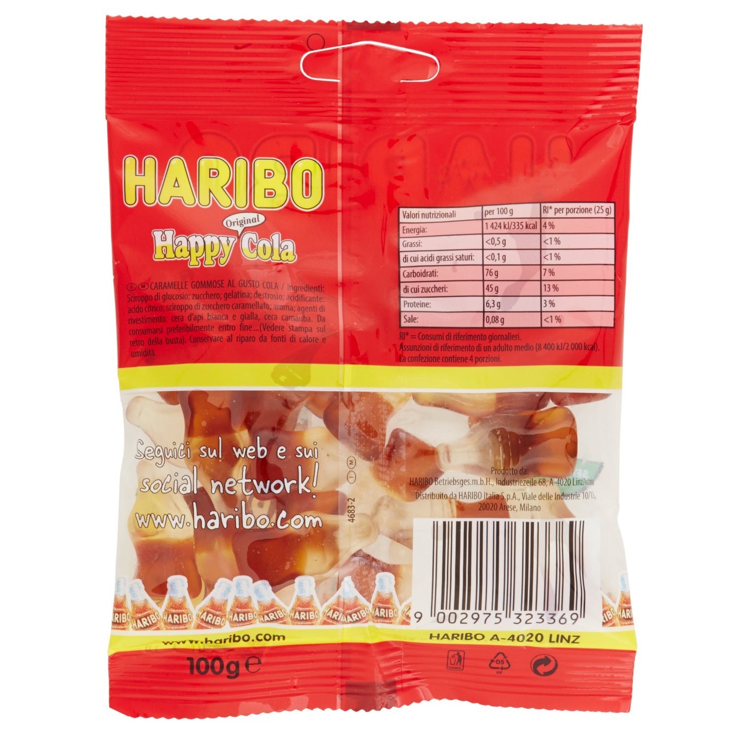 Haribo - Happy Cola, Caramelle Gommose al Gusto di Frutta e di Cola , 100 g - [confezione da 6]