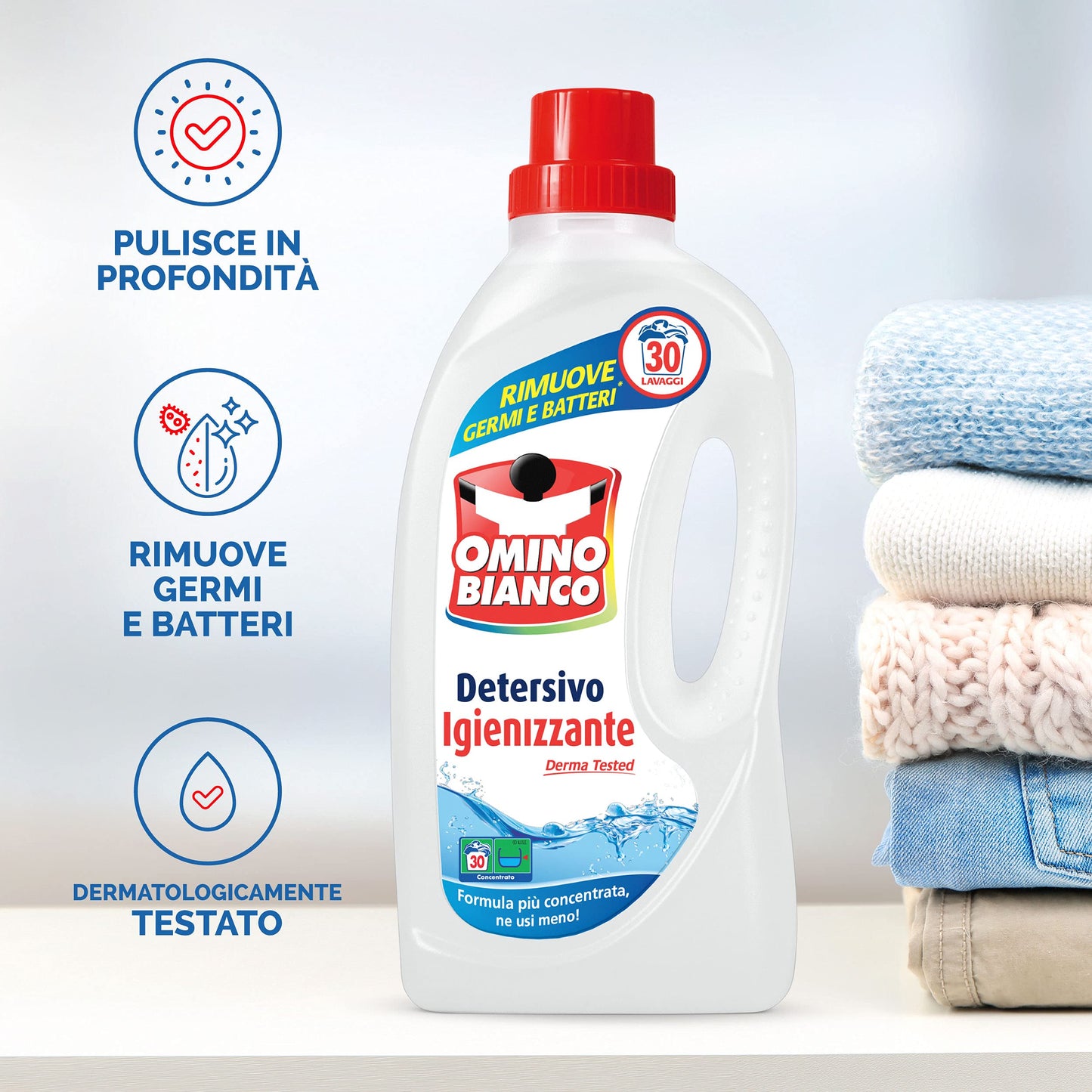 Omino Bianco - Detersivo Lavatrice Igienizzante Liquido, 120 Lavaggi, Igienizza i Capi e Rimuove Germi e Batteri, Formato Convenienza, 2000 ml x 3 Confezioni