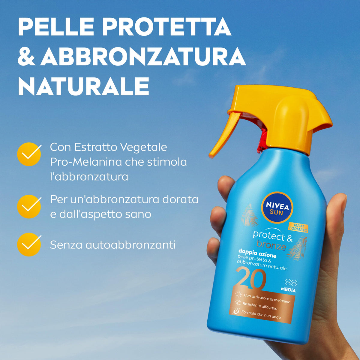 NIVEA SUN Maxi Crema Solare Spray Protect & Bronze FP 20 270 ml, Crema Solare 20 per Un'abbronzatura Dorata, Intensa e Uniforme, Protezione Solare 20 in Pratico flacone in spray