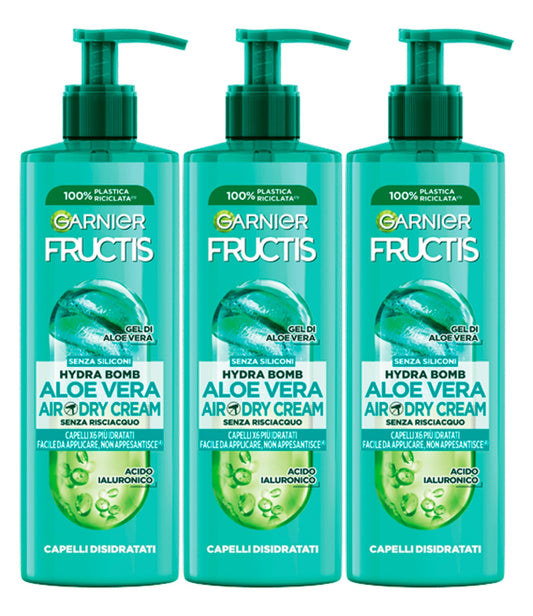 Garnier Fructis Hydra Bomb Aloe Vera Air-Dry Cream Trattamento Anti Crespo Idratante Senza Risciacquo per Capelli da Normali a Disidratati - 3 Flaconi da 400ml