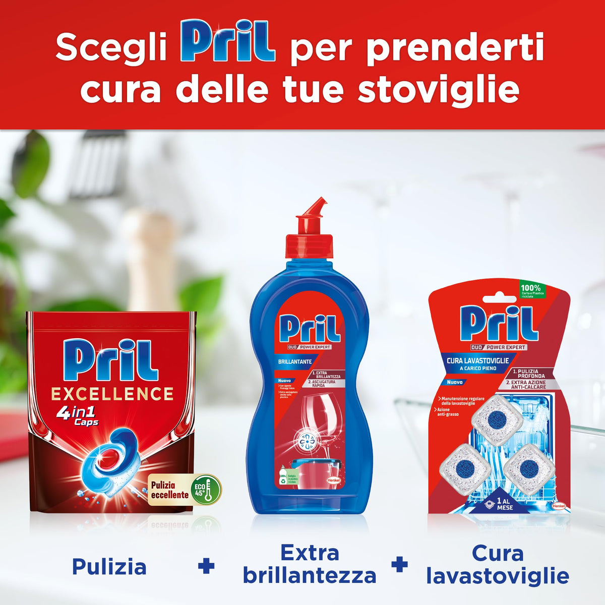 Pril Excellence 4in1 Caps, Detersivo Lavastoviglie in Caps a dissoluzione rapida, formato da 18 capsule