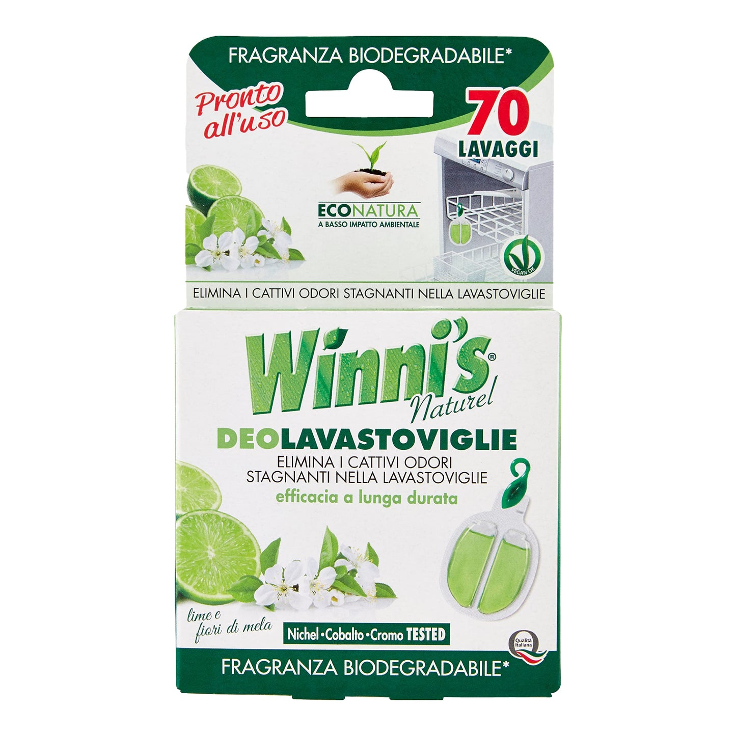 Winni's - Deodorante per Lavastoviglie , 840 Lavaggi, Elimina i Cattivi Odori, Fragranza Lime e Fiori di Mela, con Materie Prime di Origine Vegetale e Bio, 12 Confezioni