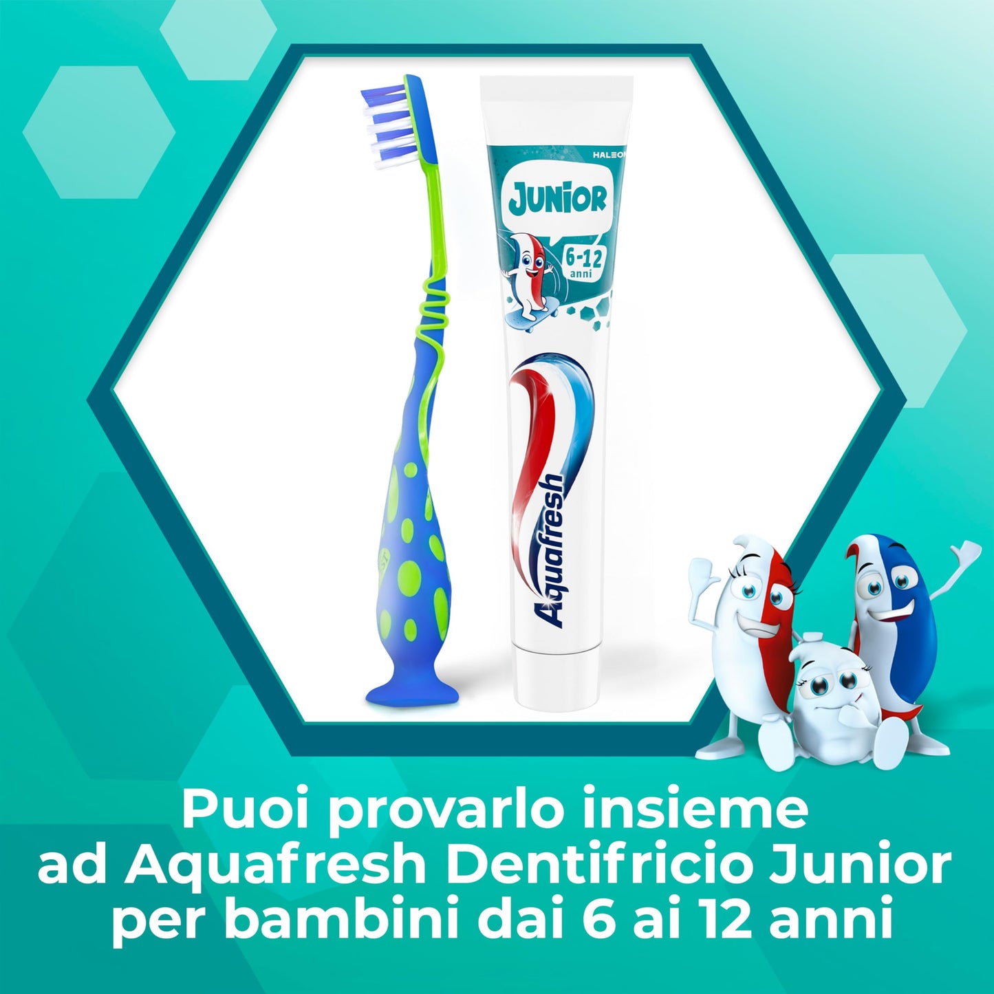 Aquafresh Junior, Spazzolino Denti per Bambini 6-12 anni, Denti da Latte e Permanenti, Setole Morbide, Pulizia Efficace, Collo Flessibile, Pacco da 12
