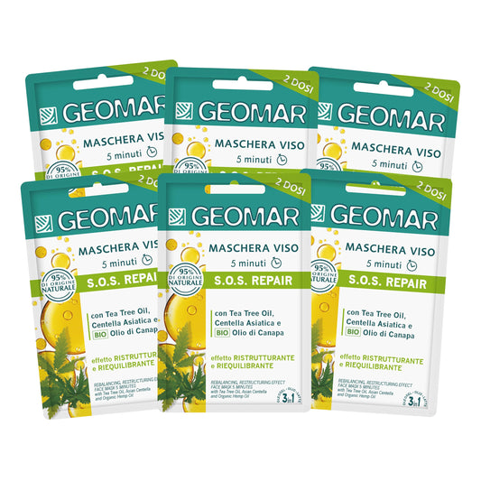 GEOMAR | Maschera Viso S,O,S, Repair, Effetto Ristrutturante e Riequilibrante, 5 minuti, 95% di Origine Naturale, Dermatologicamente Testata, 6 x 15 ml