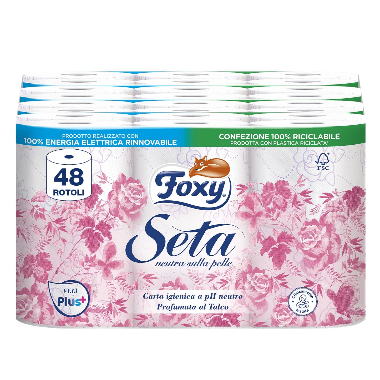 Foxy Seta | Carta igienica 200 strappi x 48 rotoli, 2 veli elevato spessore | Confezione riciclabile prodotta con plastica riciclata