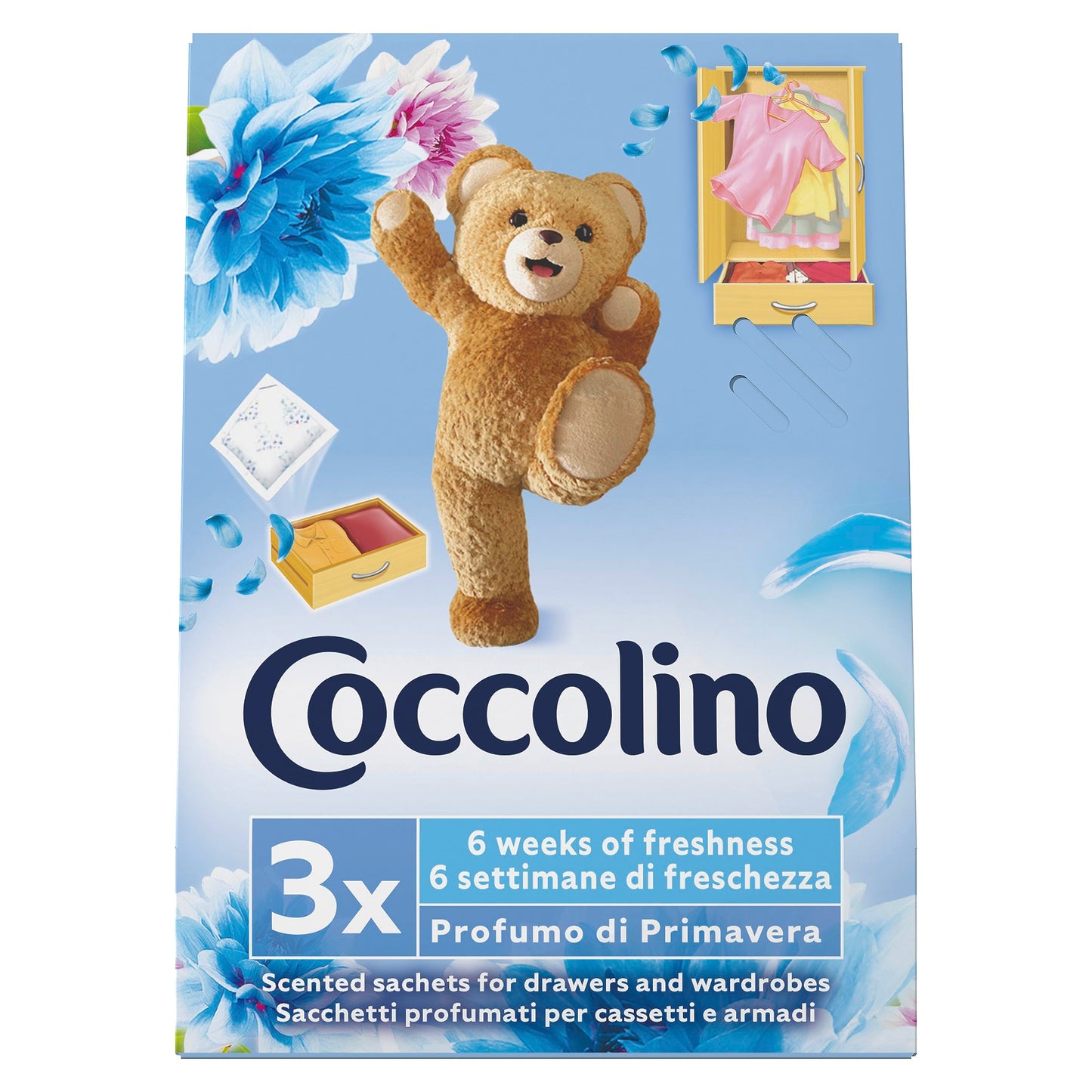 Coccolino Profuma Biancheria, 3 Sacchetti per Ogni Confezione di Fragranze Assortite, Profumo Primavera, Fiori di Tiarè & Frutti Rossi, Ylang Ylang, Confezione da 12 per un Totale di 36 Sacchettini